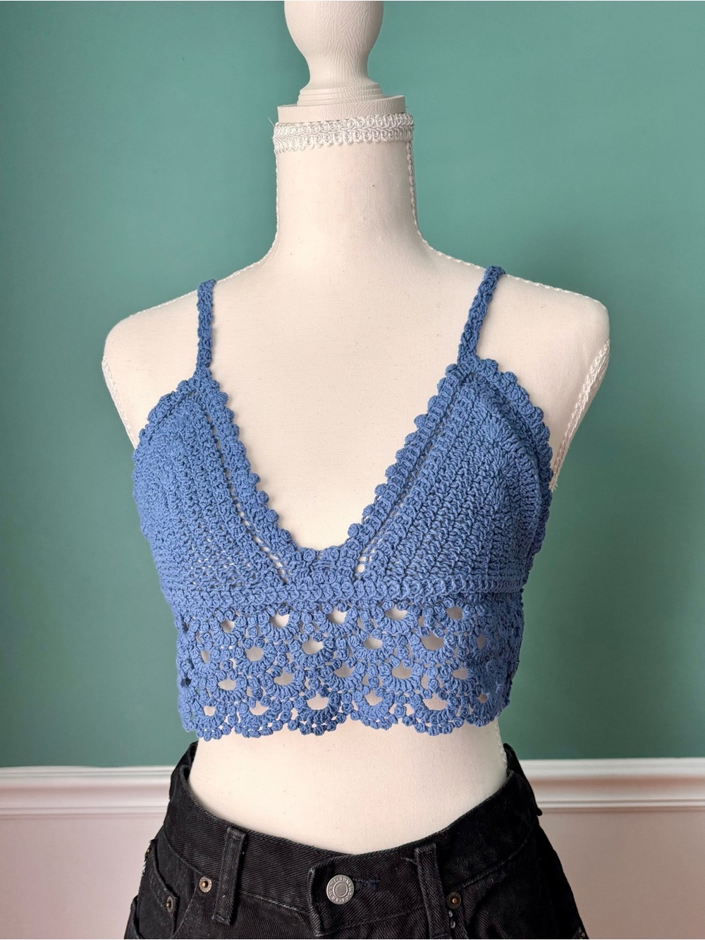Boho Crochet Bralette Blue Crop Top Coquette Festival Beachy Cottagecore M/L
